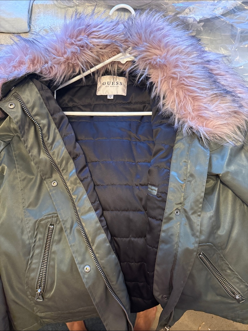 GUESS Olive Green Puffer Jacket with Pink Faux-Fur Hood Trim